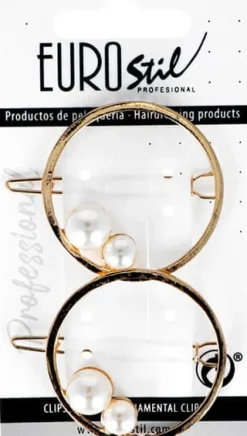 Eurostil - Round Golden Hair Grips With Pearls - 2 Pcs