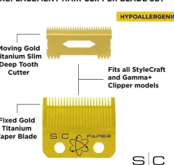 StyleCraft Gold Titanium Faber Slim Deep Tooth Blade with Slim Deep Tooth Cutter